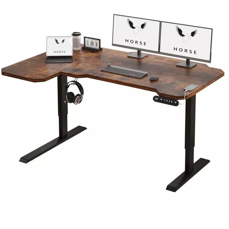 Bureau Assis-Debout Électrique Réglable en Hauteur en Forme de l de 150 cm, Cadre en Acier, Marron/Noir