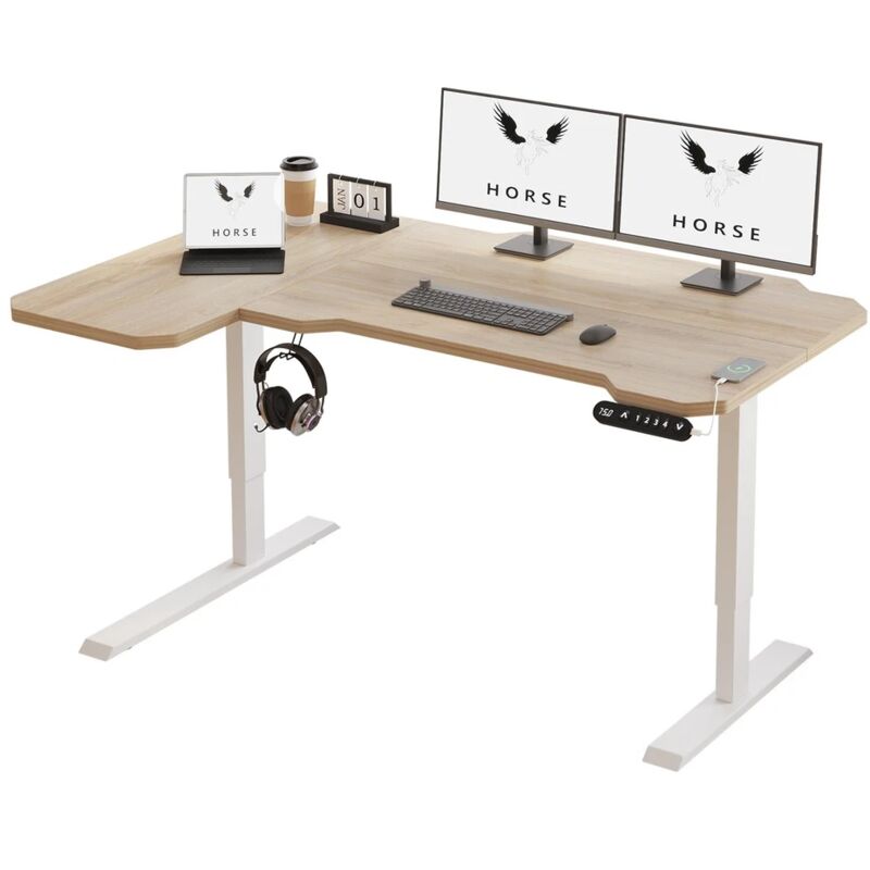 Bureau Assis-Debout Électrique Réglable en Hauteur en Forme de l de 150 cm, Cadre en Acier, Chêne/Blanc