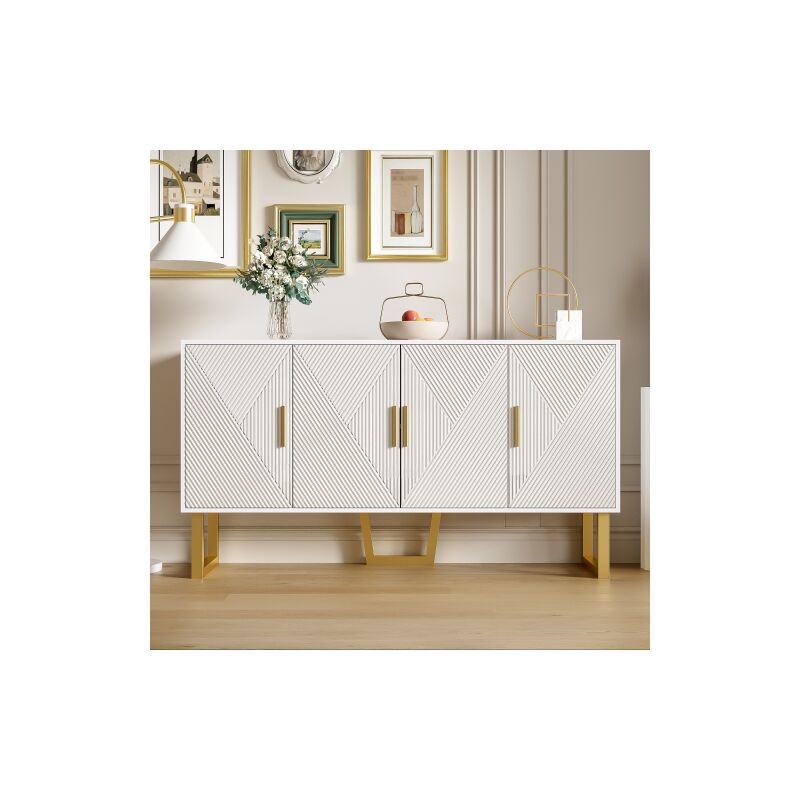 150CM moderne et luxueux buffet blanc avec porte texturée haute brillance et poignées dorées, Design 4 portes, étagères réglables en hauteur