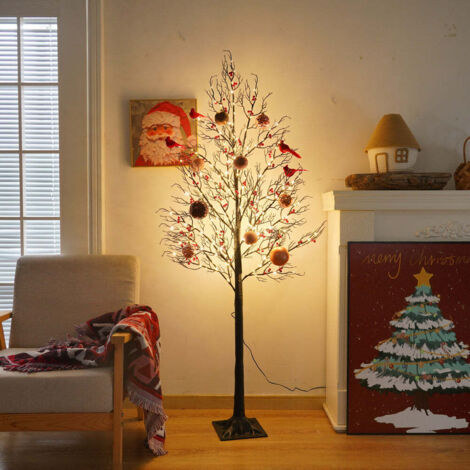 150cm Pre Lit LED Twig Birch Christmas Tree Lamp with Red Birds – 200 Warm White Lights, 8 Modes, Indoor/Outdoor Decoration Christmas