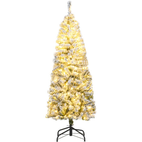 150CM Sapin de Noël Pré-éclairé, Arbre Articulé avec 329 Branches en PVC Enneigé, 180 Lumières LED Blanc Chaud, 8 Modes, Pied Métallique Pliable