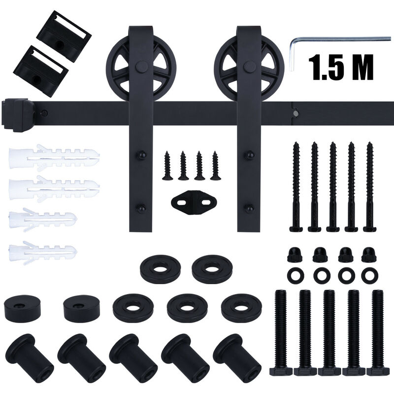 150cm Sliding Door Track, 4.9FT Stainless Steel Sliding Wood Door Hardware Closet Kit with Big Spoke Wheels for Single Door Heavy Duty (Black)