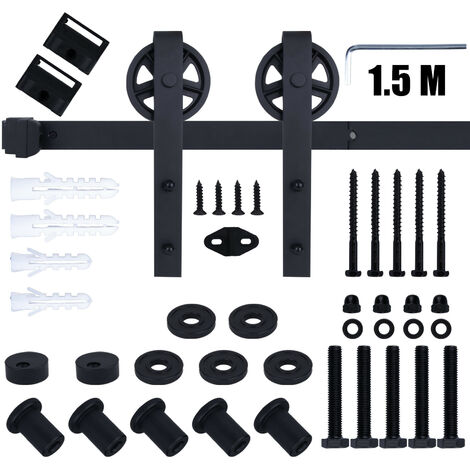 150cm Sliding Door Track, 4.9FT Stainless Steel Sliding Wood Door Hardware Closet Kit with Big Spoke Wheels for Single Door Heavy Duty (Black)