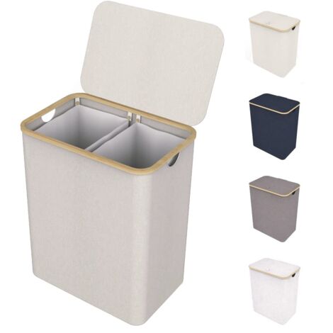 150L Laundry Basket 2 Compartments Lid Sturdy Frame Handles Breathable Removable Bag