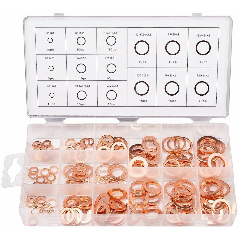 150pcs 15 Spécifications Joints Bague D'étanchéité, Rondelles En Cuivre Assortiment Kit, Cuivre Rondelles Joint bague d'étanchéité avec Boîte