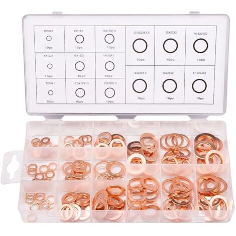 150pcs 15 Spécifications Joints Bague D'étanchéité, Rondelles En Cuivre Assortiment Kit, Cuivre Rondelles Joint bague d'étanchéité avec Boîte