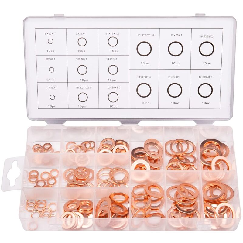 150pcs 15 Spécifications Joints Bague D'étanchéité, Rondelles En Cuivre Assortiment Kit, Cuivre Rondelles Joint bague d'étanchéité avec Boîte M5 M6