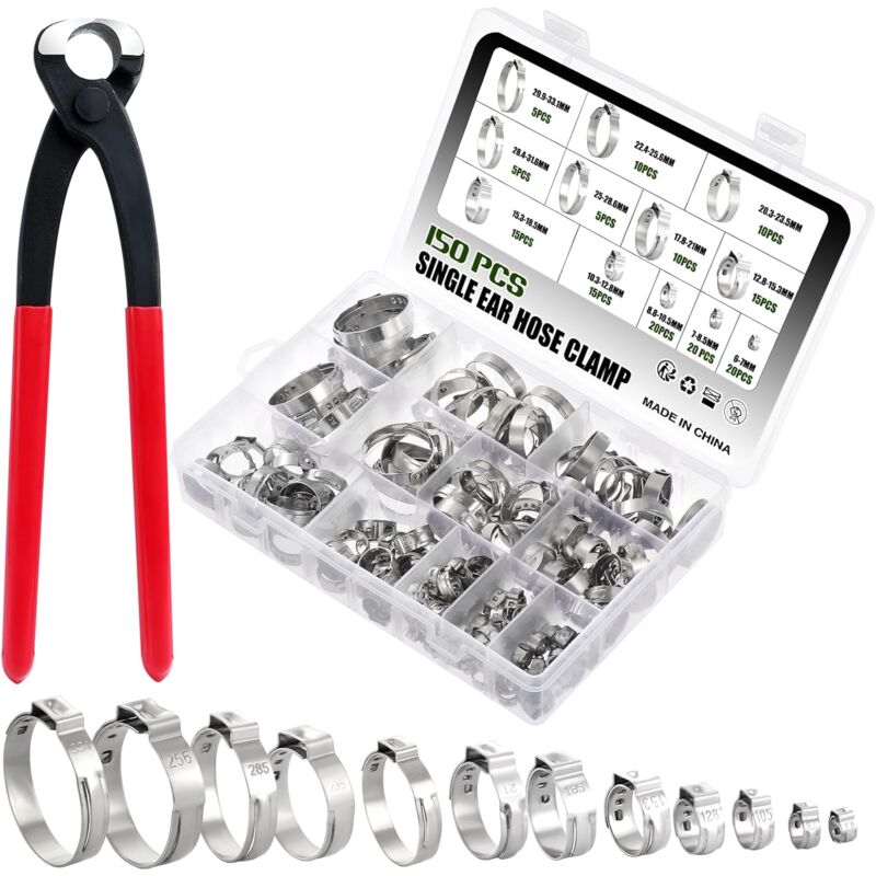 150PCS Acier inoxydable 304 6-33.1mm Colliers de serrage à simple oreille, collier de serrage pour tuyau, anneaux de serrage pour tuyau avec pince