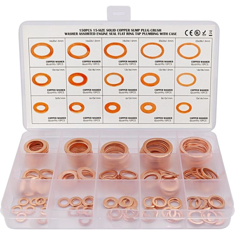 150pcs Rondelle Cuivre Joint Vidange Assortiment Kit M5, M6, M8, M10, M12, M14,M16,M18,M20,M22, 15 Tailles,Rondelle Plate pour L'étanchéité des Vis