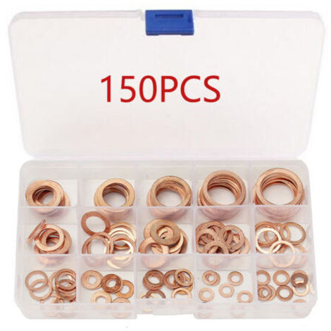 150pcs Rondelle Cuivre Joint Vidange Assortiment Kit M5, M6, M8, M10, M12, M14,M16,M18,M20,M22, 15 Tailles,Rondelle Plate pour L'étanchéité des Vis Bagues D'étanchéité