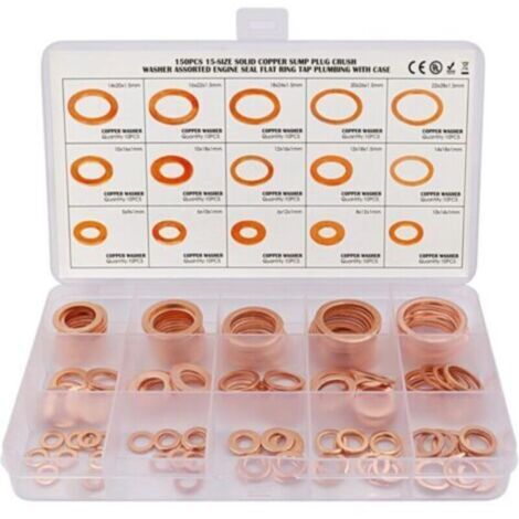 150pcs Rondelle Cuivre Joint Vidange Assortiment Kit M5, M6, M8, M10, M12, M14,M16,M18,M20,M22, 15 Tailles,Rondelle Plate pour L'étanchéité des Vis Bagues D'étanchéité