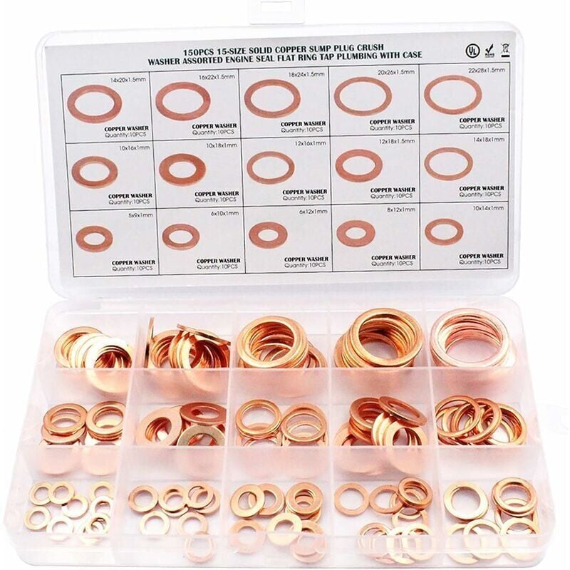 150pcs Rondelle Cuivre Joint Vidange Assortiment Kit M5, M6, M8, M10, M12, M14,M16,M18,M20,M22, 15 Tailles,Rondelle Plate pour L'étanchéité des Vis