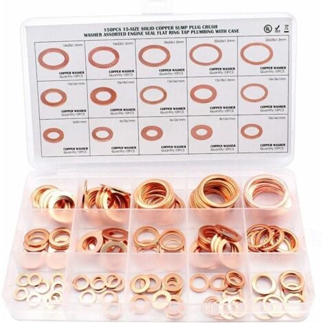 SHINING HOUSE 150pcs Rondelle Cuivre Joint Vidange Assortiment Kit M5, M6, M8, M10, M12, M14,M16,M18,M20,M22, 15 Tailles,Rondelle Plate pour L'étanchéité des Vis Bagues D'étanchéité Ternel