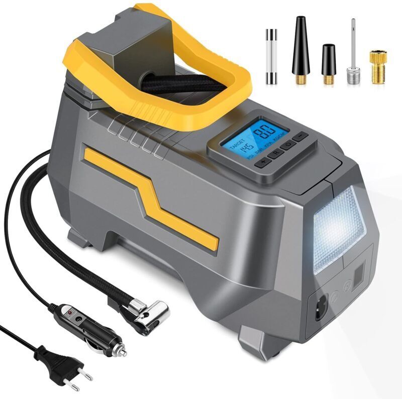 150PSI Compresseur à Air Portatif électrique, Pompe à air numérique, Mini Pompe à vélo DC 12V et AC 220V avec lumière LED et écran LCD pour Voitures,