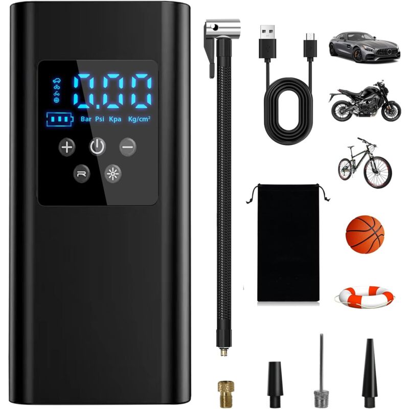 150PSI Gonfleur Pneus Voiture, 6000mAh Compresseur à Air Portatif avec 4 Accessoires Buccaux et Lumière LED pour Voiture Moto Bicyclette Boule