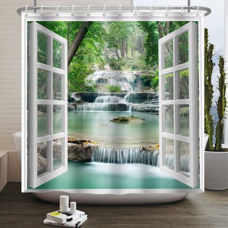 150x180cm Shower Window View Spring Waterfall Trees Natural Landscape Wild Scene White Window Bath Curtain Modern Image Waterproof Fabric for Bathroom with Hooks
