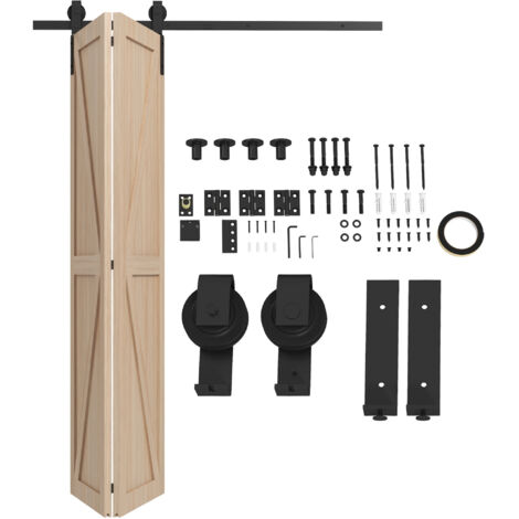 152,5 CM Quincaillerie de porte coulissante pliante kit de rails de porte de grange coulissante en acier pour 2 portes-Noir