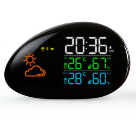 153x97x61mm Station Météo Radio Pilotée avec Capteur Extérieure et Intérieure, Température, Prévisions Météo, Humidité, Ecran Couleur LED, Horloge, Reveil