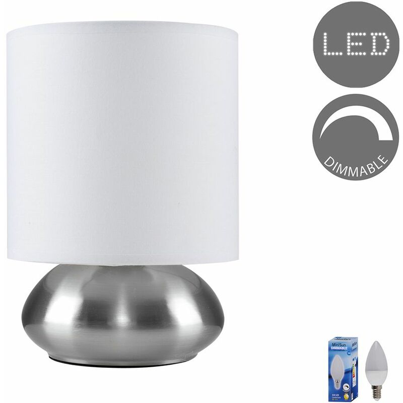 Modern Touch Table Lamp in Brushed Chrome + LED Bulb - White