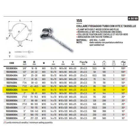 155 Collare fissaggio tubo ø54 con vite e tassello inox 304 155054304