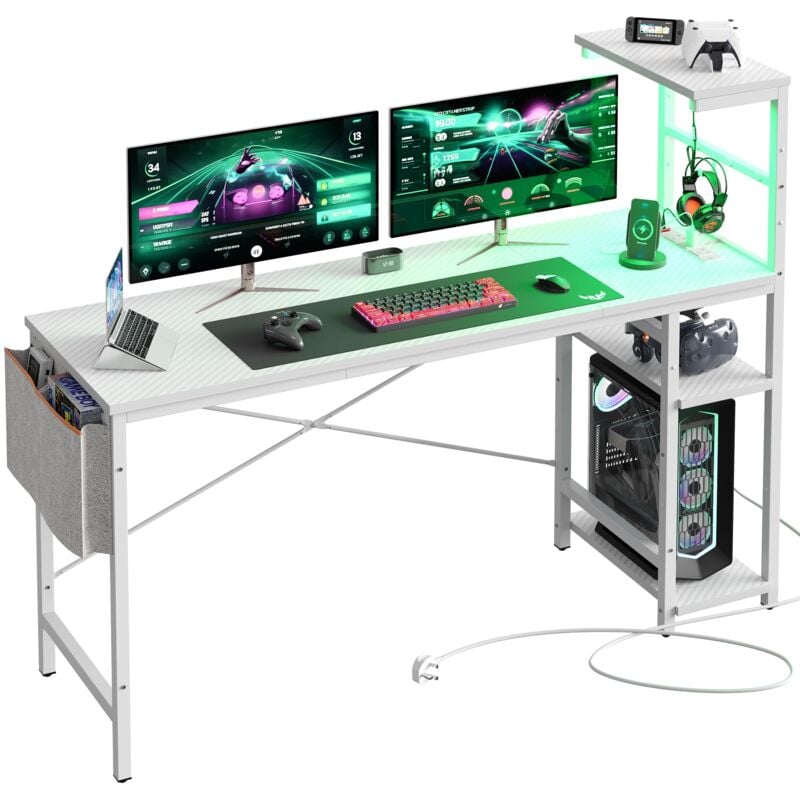 Bestier - Bureau led Réversible avec Étagères et Prises Intégrées, 155 cm, blanc