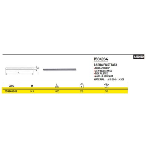 158/264 Barra filettata M8x1000 inox 304 158264008