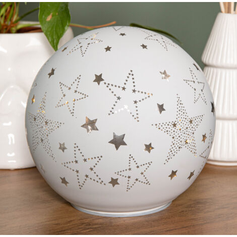 15cm Battery Operated Light up Star Glass Ball in White with Warm White LEDs