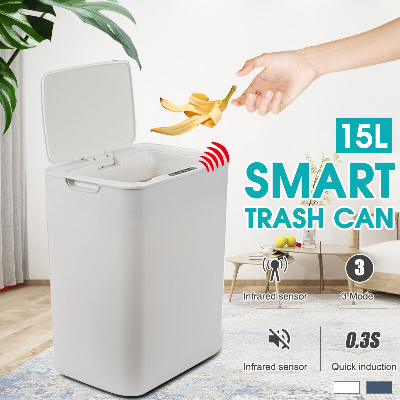 

15L Smart Galon Sensor sin contacto Totalmente automático Bote de basura de acero inoxidable Cocina Baño (Blanco, Carga USB)