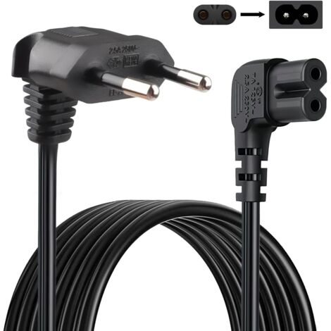 1.5M Câble d'alimentation avec Fiche Euro Coudée 90° à 2 Broches C7 Femelle 2.5A 250V, Cable Secteur TV pour Samsung, Console PS5, Xbox et Appareils Électroniques, Cordon Prise C7 EU, Noir