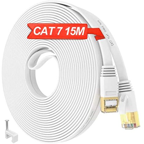 15M Cat 7 Ethernet Cable RJ45 Cable 15M Shielded Gigabit S/FTP High Speed Flat Network Cable Outdoor Weatherproof Anti-jamming Cable, Faster Than Cat6 Cat5 (15 Clips, 15 Meters)