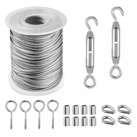 COSTJJ 15M Corde en Acier Inoxydable à Suspendre Kit, Câble en Acier Inoxydable Revêtu avec Tendeurs, Kit Cable Metallique pour Plantes Grimpante, Extérieur Suspension, Corde a linge, Lustre D'ExtéRieur