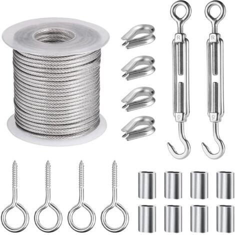 15M Corde en Acier Inoxydable à Suspendre Kit, Kit de Câble Métallique Revêtu de PVC avec M5 Tendeur Cable et Crochets à Oeil, pour Corde de Tente, Corde a linge, Lustre d'Extérieur