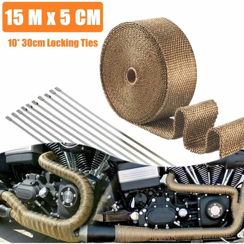 Tonchean Outil du mécanicien,15M Titane Ruban Isolant Magma Ruban D'échappement Ruban Isolant Moto Collecteur D'échappement + 10 Pinces (Titane)