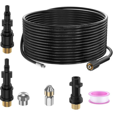 15M Tuyau Déboucheur Canalisation pour Nettoyeur Haute Pression Kärcher K2 K3 K4 K5 K6 K7 HD HDs, 180Bar Kit Furet Professional avec Buse à Jet et Rotatif & Adaptateurs pour Lavor Parkside & Bosch