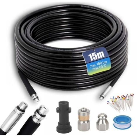 15m Tuyau pour Nettoyeur Haute Pression,Tuyau Déboucheur Canalisation karcher 15M,180Bar 60℃, furet karcher compatible avec Adaptateurs pour Kärhcer K2, K3, K4, K5, K6, K7 Accessoire