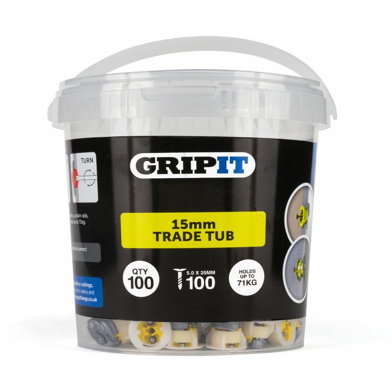 Gripit 15mm Plasterboard Fixing - 100 Pack (Yellow) Stud Wall Anchor Max 71kg - Yellow