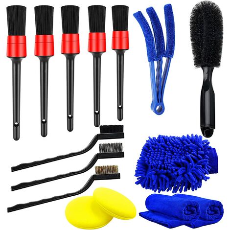 15Pcs Brosses De Nettoyage Voiture, Kit De Nettoyage De Voiture Avec Brosse De Détail, Brosse Métallique, brosse de climatisation automobile, Gant De Lavage, Tampon Applicateur, Serviettes