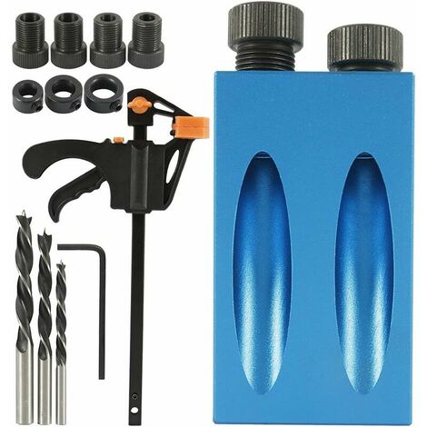15pièces Gabarit de percage oblique avec forets 15 ° Positionneur de menuisier,Gabarit de trou de poche, Guide de percage pour coin à bois avec Adaptateur pour Trou de 6/8/ 10mm