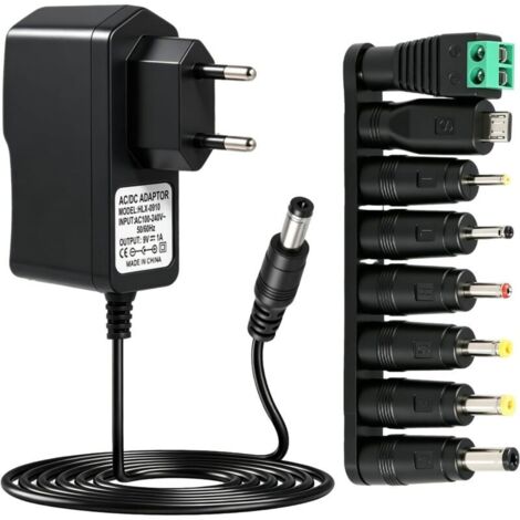 15V 1A Chargeur Adaptateur, AC 230V 220V vers DC 15V 1000mA avec 5,5mm x 2,1mm avec 8 Connecteurs Alimentation Universel Adaptateur Secteur pour Caméra Tablette Scanner TV Box LED CCTV Disque