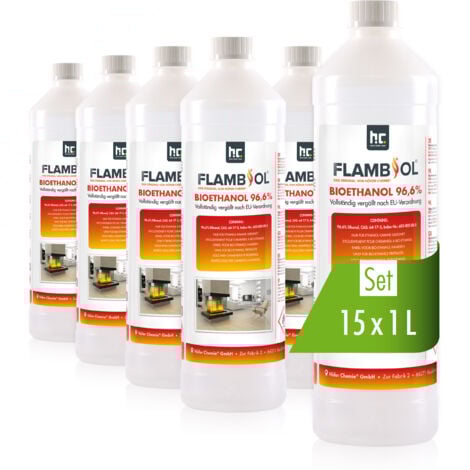 HÖFER CHEMIE GMBH FLAMBIOL Bioéthanol 96,6% Premium 15 x 1 L - Pour Cheminée de Table, Cheminée & déco de Jardin - Sans Fumée ni suie - A base de maïs & de Betteraves