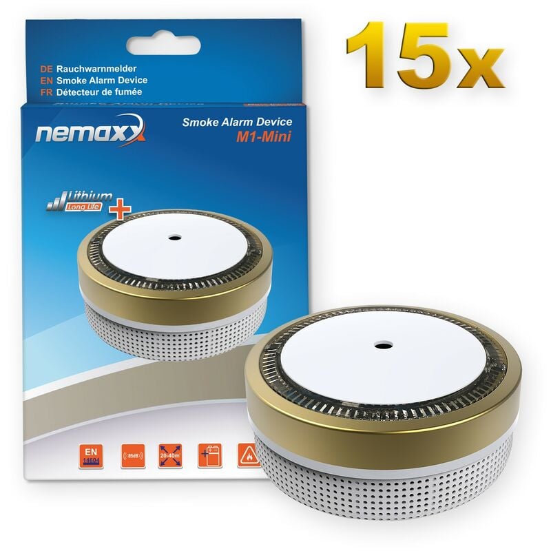 

15x Detector de humo M1-Mini sensibilidad fotoeléctrica - con batería de litio tipo DC3V - conforme la norma DIN EN14604 & Vds - dorado - Nemaxx