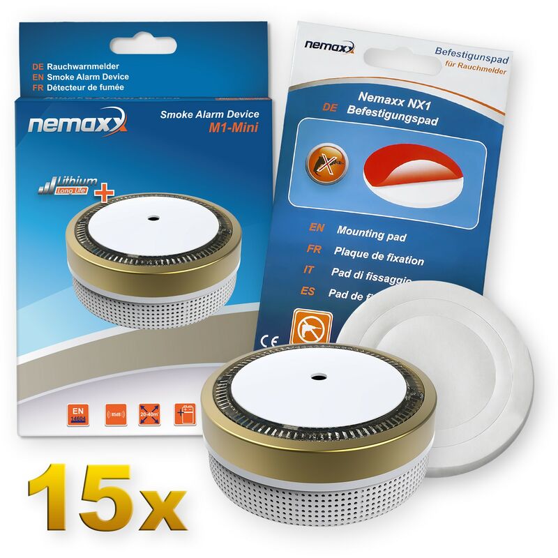 

15x Detector de humo M1-Mini sensibilidad fotoeléctrica - con batería de litio tipo DC3V - conforme la norma DIN EN14604 & Vds - dorado + NX1 Pad de