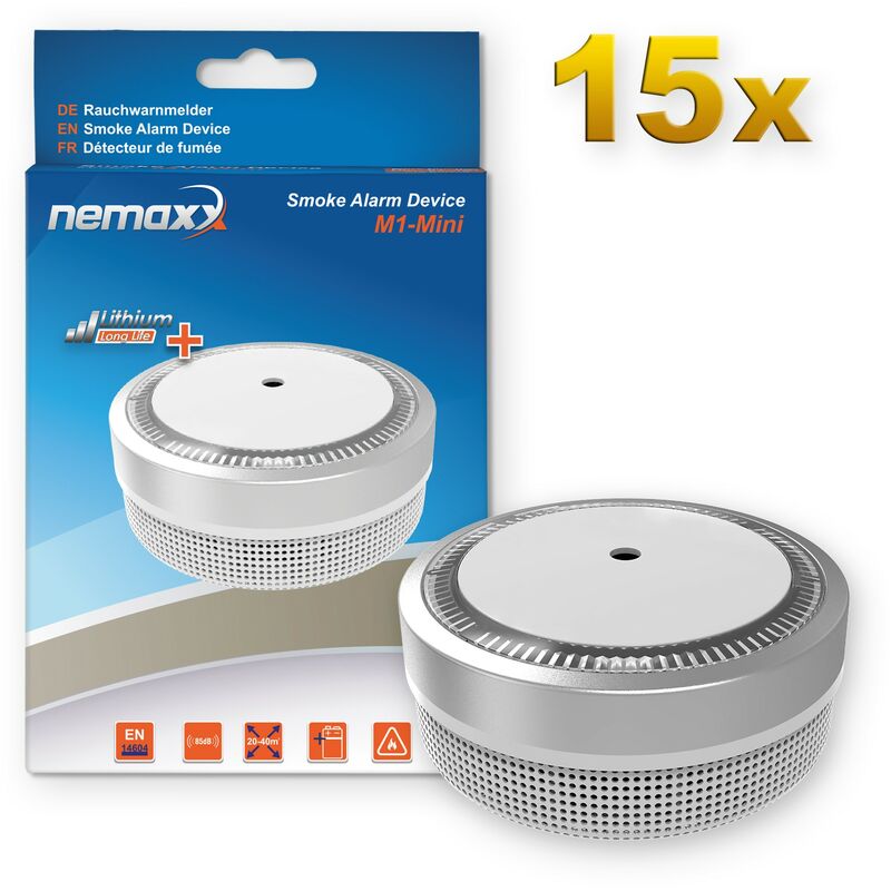 

15x Detector de humo M1-Mini sensibilidad fotoeléctrica - con batería de litio tipo DC3V - conforme la norma DIN EN14604 & Vds - plateado - Nemaxx