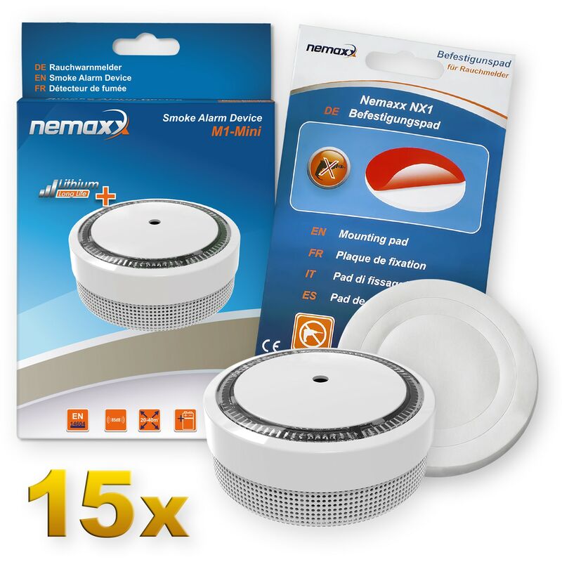 

15x Detector de humo M1-Mini sensibilidad ftoeléctrica - con batería de litio tipo DC3V - conforme la norma DIN EN14604 & Vds - blanco + NX1 Pad de