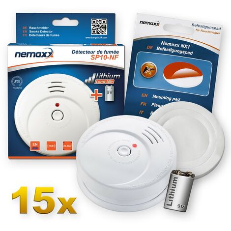 15x Nemaxx SP détecteurs de fumée durable avec 10 ans pile au lithium 9V - DIN EN 14604 : 2005/AC : 2008 certifié + NX1 patin de fixation auto-adhésive