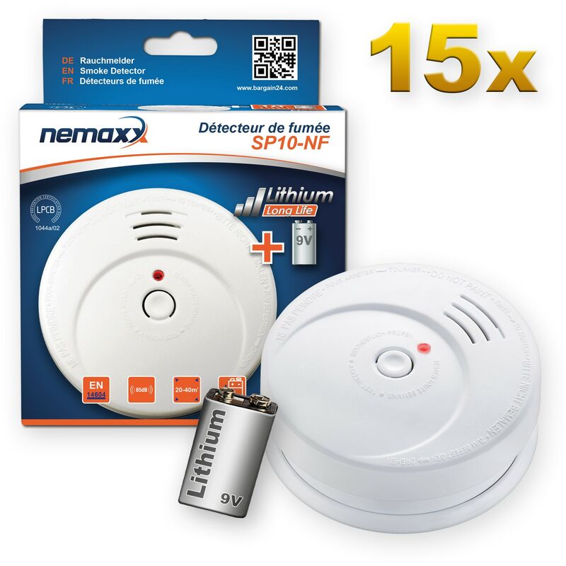 

15x Detector de humo SP fotoeléctrico según DIN EN14604 con batería de litio de 9V con 10 años de duración - Nemaxx