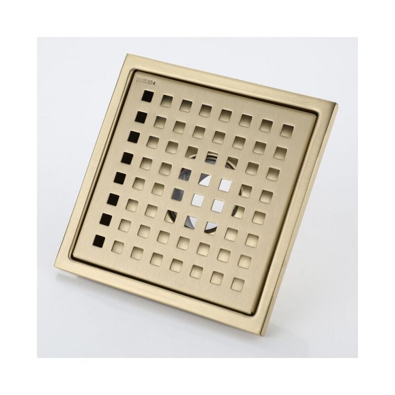 Cyslmuk - 15x15cm Caniveau de Douche Or Acier Inoxydable Carré Drain de Douche Siphon de Sol Drain de Plancher avec Couvercle de Siphon de Sol, Noyau