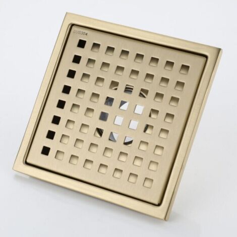 15x15cm Caniveau de Douche Or Acier Inoxydable Carré Drain de Douche Siphon de Sol Drain de Plancher avec Couvercle de Siphon de Sol, Noyau DéSodorisant en Laiton,Brushed Gold [Classe énergétique A]