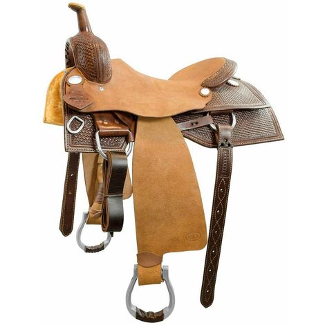 16 = 40 cm, Marron clair huilé: Selle western en cuir inversé et vannerie modèle 7070