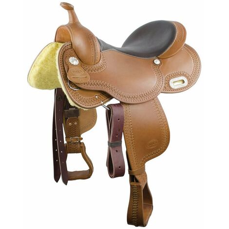 16 = 40 cm, Marron: Selle Western barrel en cuir graissé, siège en cuir lisse et arceau ralide
